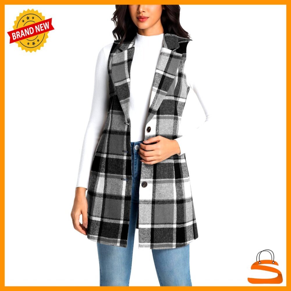 Long Wool Plaid Vest Sleeveless Blazer Classic Tweed Fall Winter Chic - Picture 1 of 5